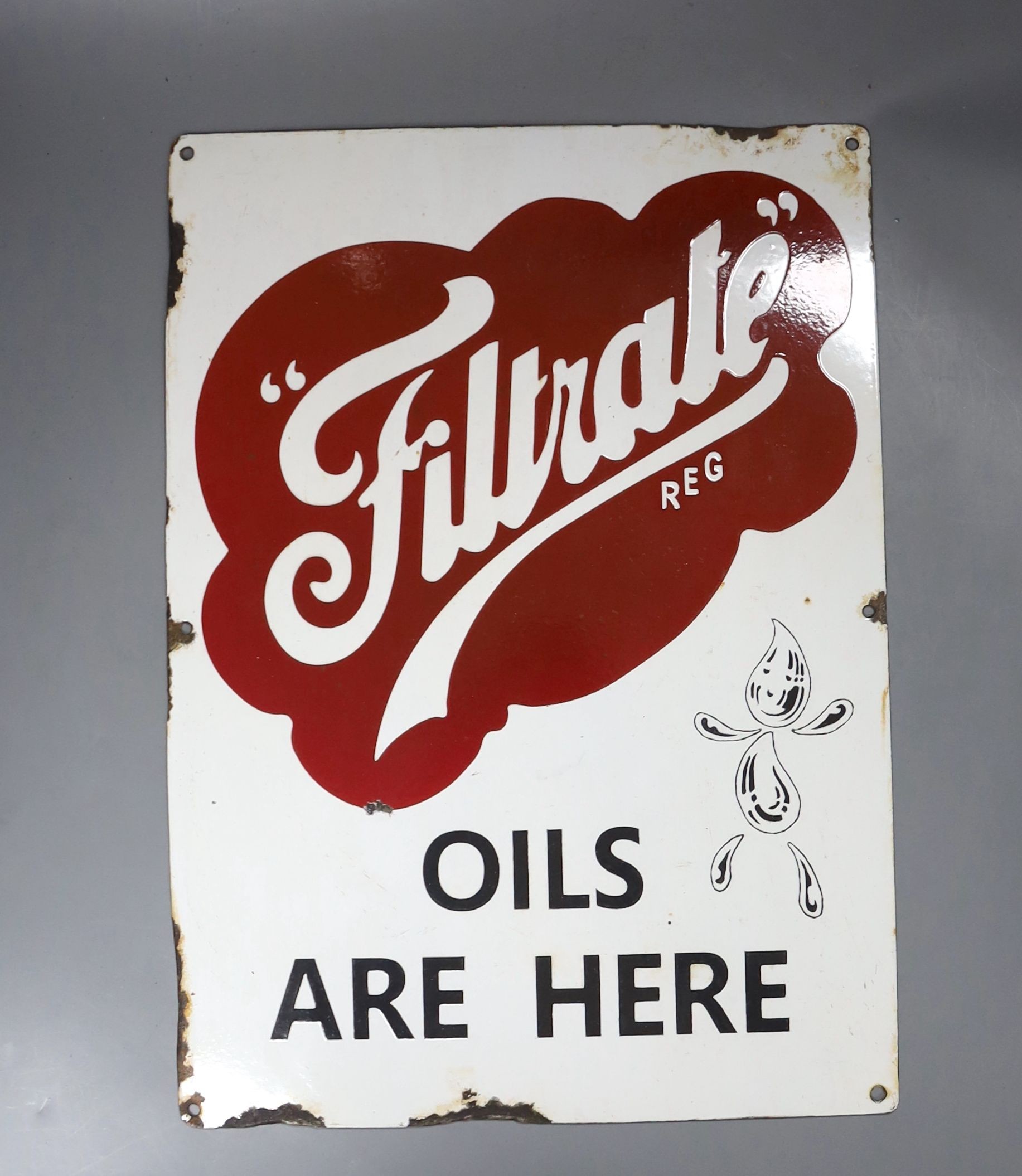 Filtrate, Oils Are Here enamelled sign, 43 x 31cm